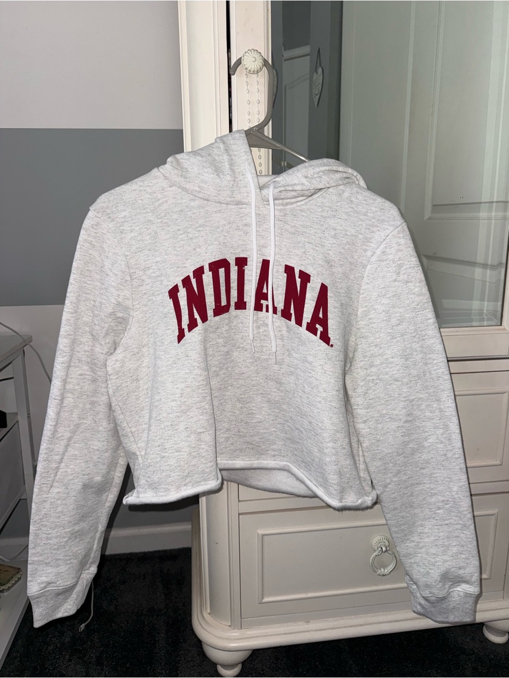 Indiana Cropped Hoodie Sweatshirt - Light Gray with Red Script